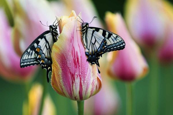 Two Eastern Tiger Swallowtail Butterfly on Tulip